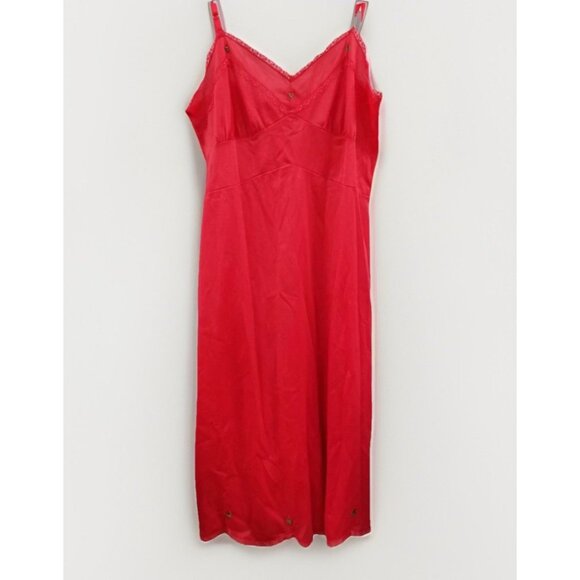 Henson Kaepernick Vtg Red Floral Nylon Lace Trim Nightgown Slip Dress - Picture 1 of 6